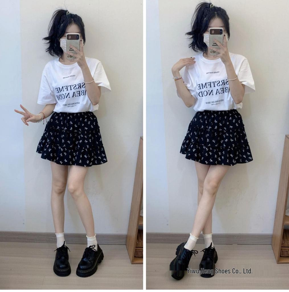 Women's Black Leather Lace-Up Round Toe Loafers - Thick Sole, Height Increasing, British Style (2025 Spring/Autumn/Winter)