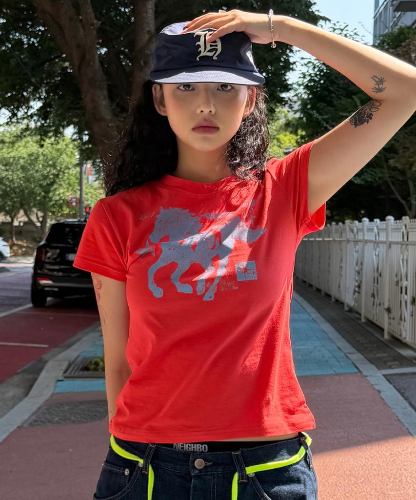 Damiswi Horse Graphic Pastel Slim T-Shirt_Blue