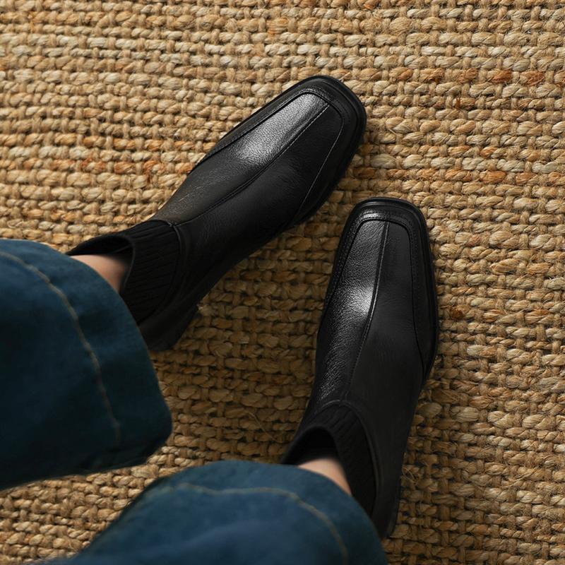 Fashion NEW Autumn Women Boots Square Toe Chunky Heel Shoes Genuine Leather Shoes for Women Knitted Fabric Modern Boots Soft Daily Shoes
