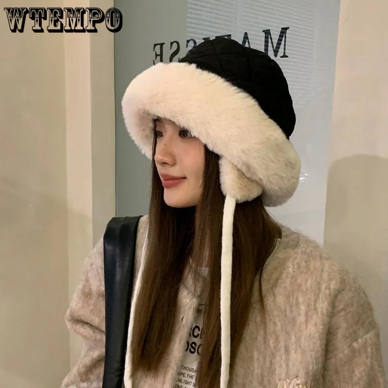 WTEMPO Autumn Winter Down Cotton Hats Women Solid Color Warm Ear Protection Hats with Ropes Casual Versatile Outdoor Hats