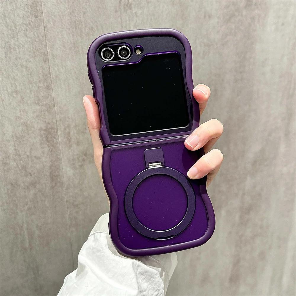 Curly Wavy Frame Translucent 360°Rotated Ring Holder Stand Cover For Samsung Galaxy Z Flip 6 5 4 3 5G For Magsafe Magnetic Case