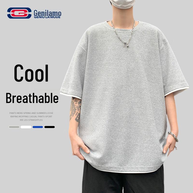 GENIOLAMODE Men s Oversized Fake Two-Piece T-Shirt L