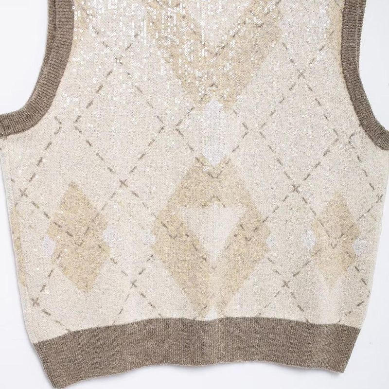 Kaslead New Arrival Women's Clothing Fashion Style Beads Decoration Diamond Pattern Knitting Vest Style Tops 3920191