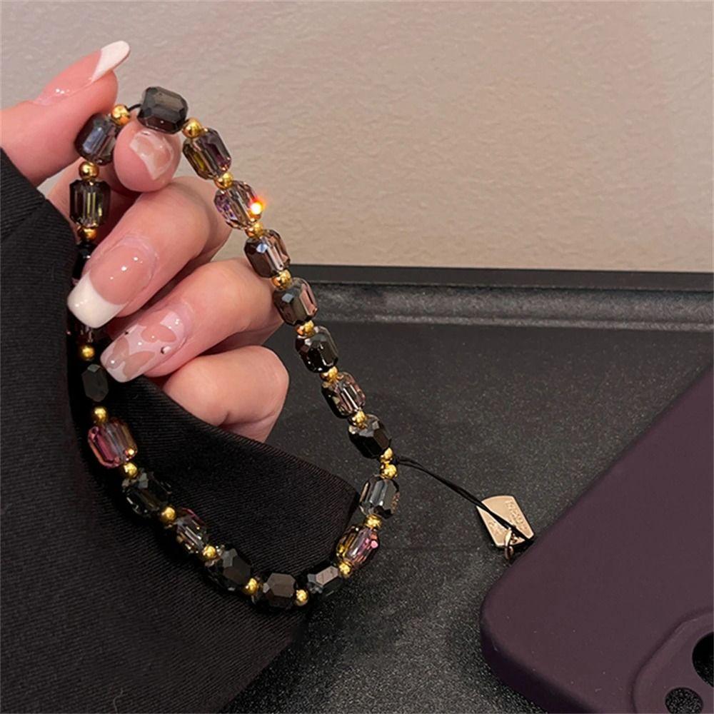 Cute Black Gold Crystal Beaded Phone Chain Women Fashion Luxury Phone Lanyard Kawaii Wrist Hanging Rope Gifts