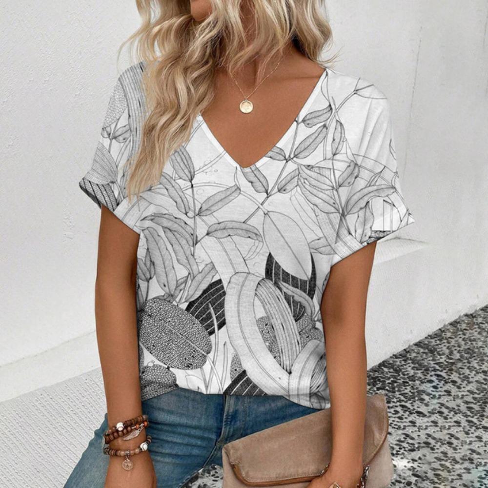 

Элегантная женская футболка большого размера с V-образным вырезом и модным цветочным узором, летняя повседневная женская футболка с коротким рукавом 5XL