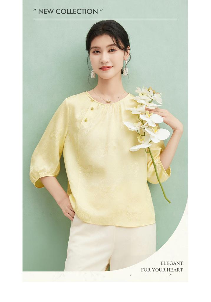 Mulberry Silk 100% [24mm Jacquard Bamboo Knot Flower Ivy] Round Neck Slanted Collar Butterfly Jacquard Shirt Summer