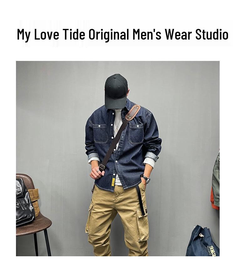 Men’s American Retro Striped Denim Long-Sleeve Shirt: Casual Versatile Spring/Autumn Jacket
