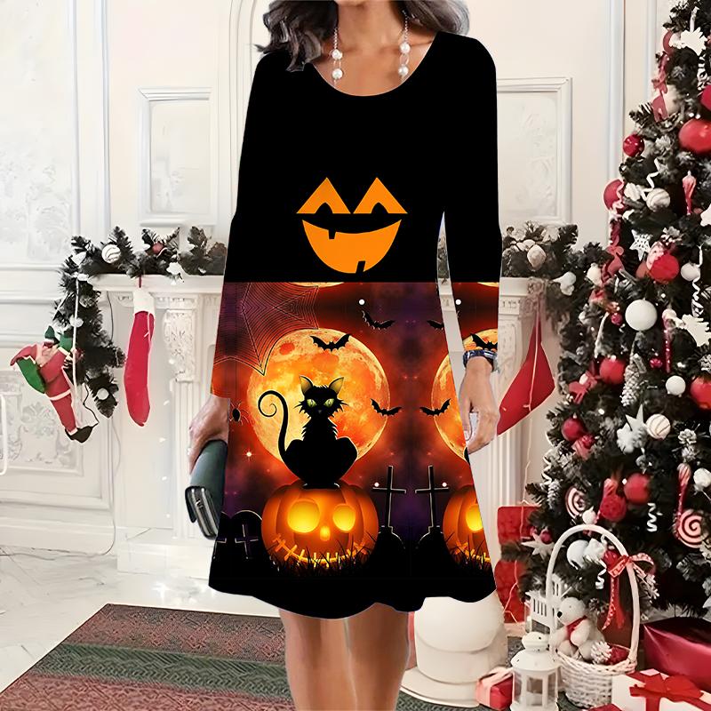 2025 Autumn & Winter Women's New Casual Crew Neck Dress 3D Halloween Pattern Ideal Halloween Christmas Gift