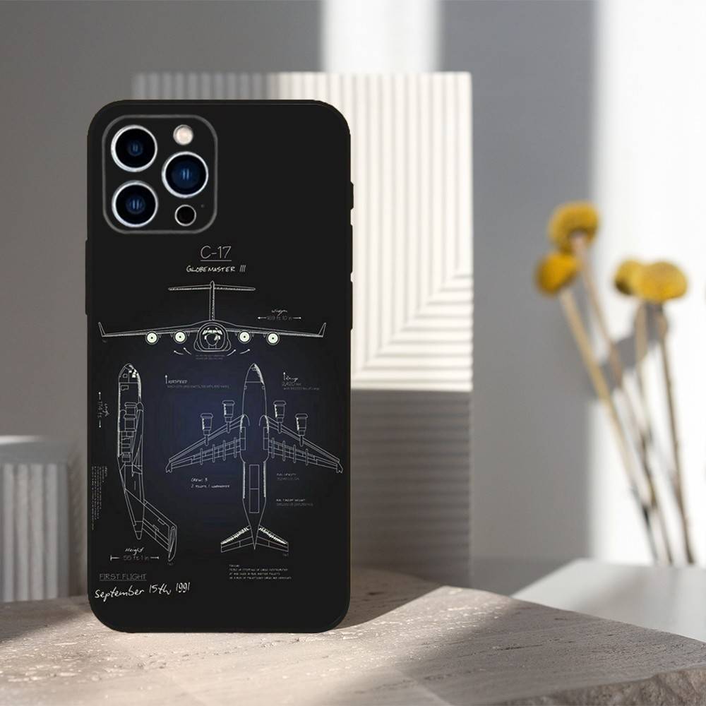 Blueprints Art Aircraft For iPhone 12,14,13,15,8,7,16,11,17,X,Mini,Plus,Pro,XR,SE,XS,Max,Soft Silicone Black Case