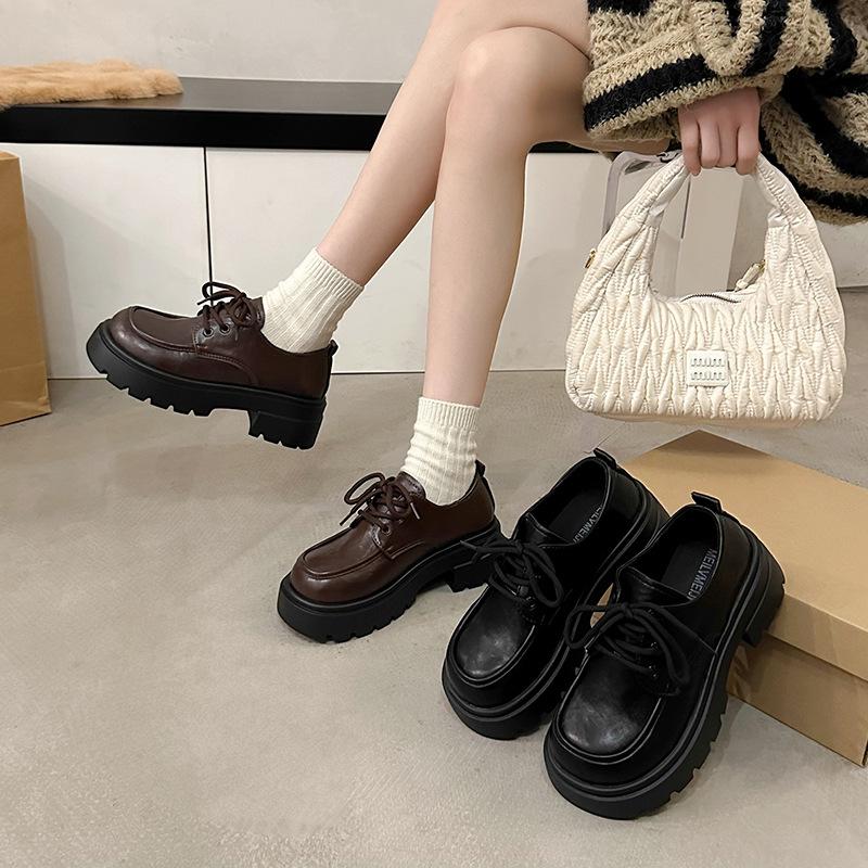 thick-soled brown small leather shoes for women in spring 2025, new lace-up British style versatile loafers, height-increasing single shoes for women