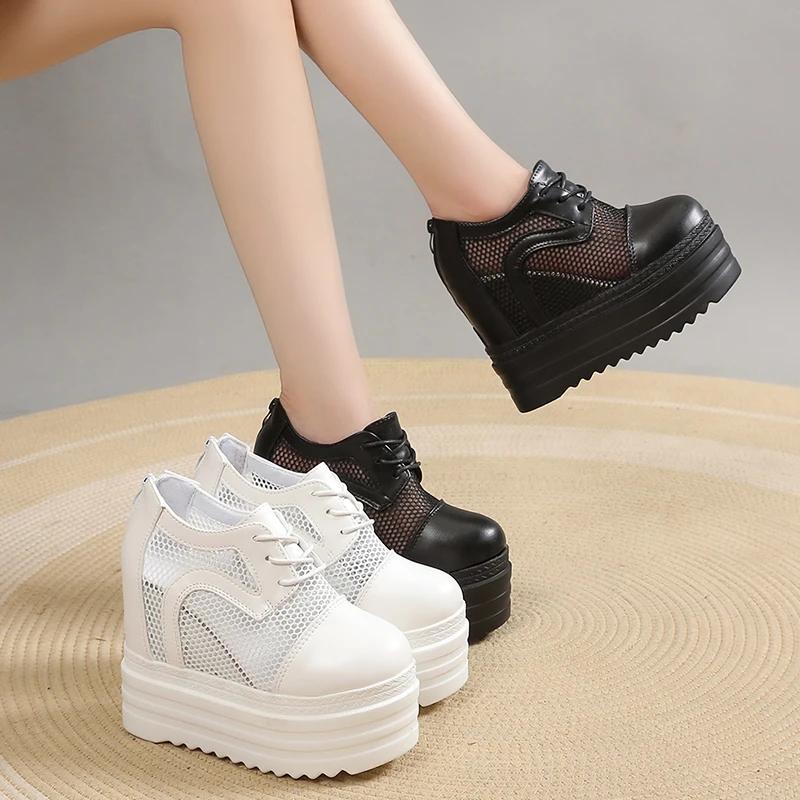 Fashion 12CM New Air Mesh Genuine Leather Breathable Summer Women Mid Calf Ankle Boots Platform Wedge Chunky Sneaker Hollow Shoes