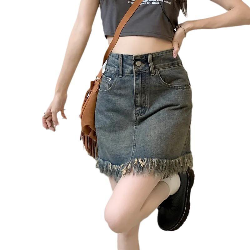 High Waist A-Line Denim Skirt Women Plus Size Curvy Figure Short With Raw Hem Slight Stretch