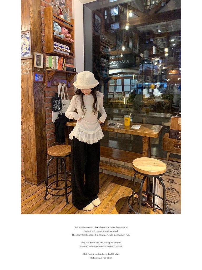 Women's Ballet Style Long Sleeve Lace Hem T-Shirt for Autumn/Winter - Chic Slim Fit Base Layer Top