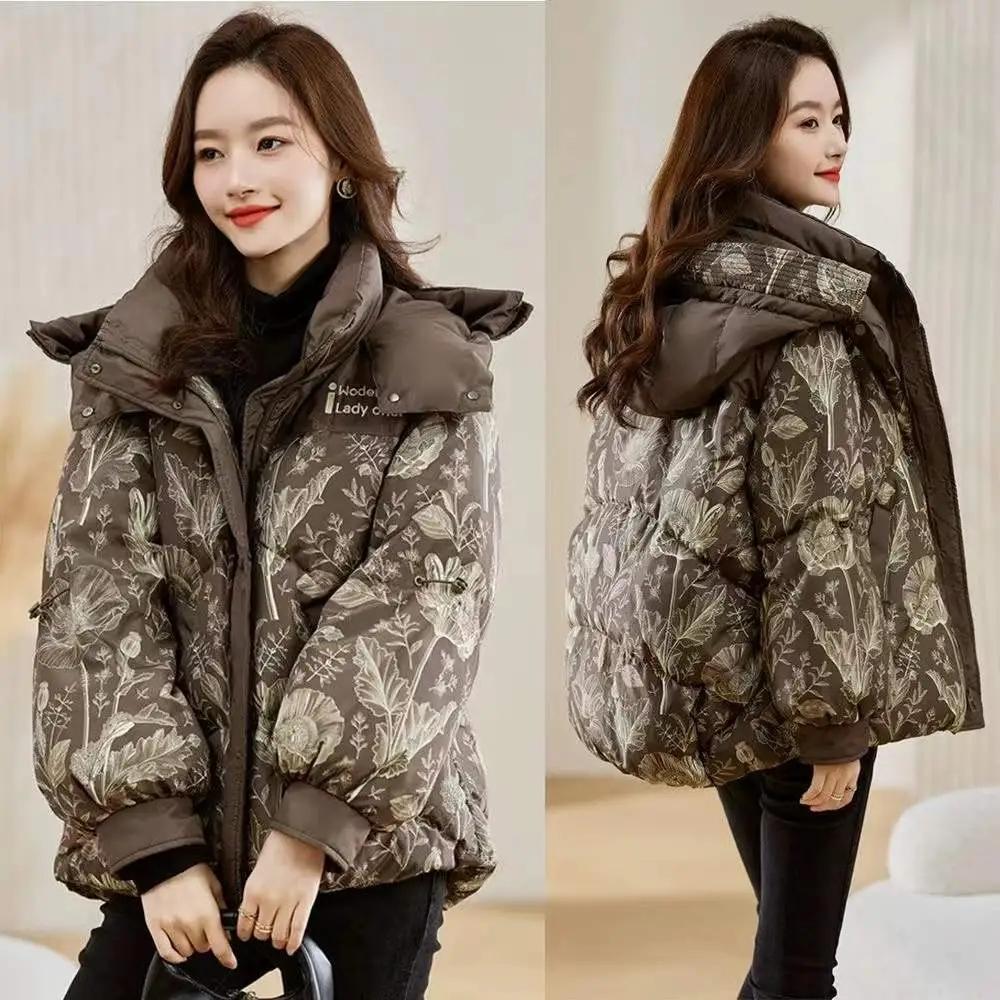 Winter Womens Jacket Clothing 2026 New Down Cotton Coat Hooded Loose Parkas Long Print Padded Coats Female Thicken Outerwear
