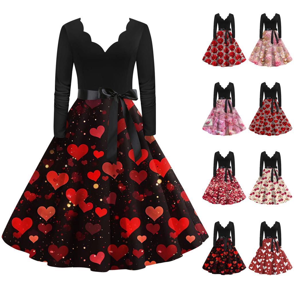 Women's Casual Fashion Long Sleeve  Graphic Printed Vintage Long Dresses