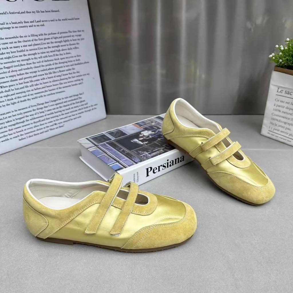Retro Seidenstruktur Ballett Damen Schuhe Frühling neu vielseitig Doppelriemen Klettverschluss Ein-Pedal flache Schuhe