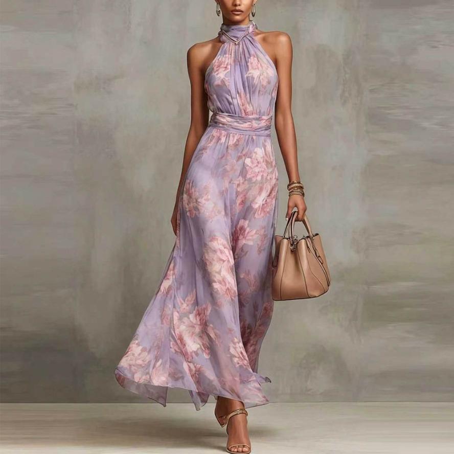 YYFS Abiti casual senza maniche con stampa floreale, a vita alta, con scollo a V, alla moda estiva da donna