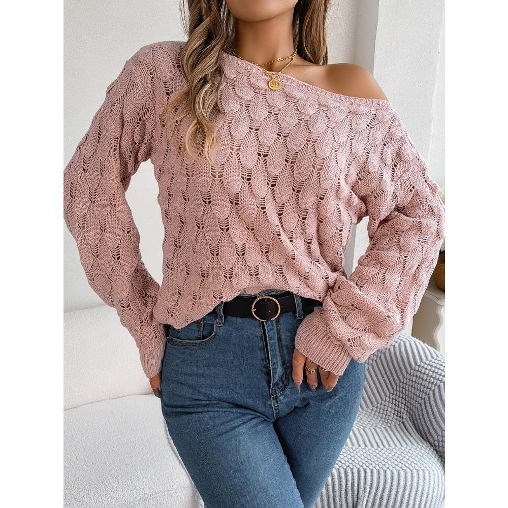 Autumn/Winter Women's Knitted Sweater Casual Feather-Patterned Openwork Off-the-Shoulder Sweater Featuring Bell Sleeves