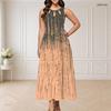 Women Plus Size Round Neck Triple Keyhole Cutout Sleeveless Printed Blue Pink Maxi Dress