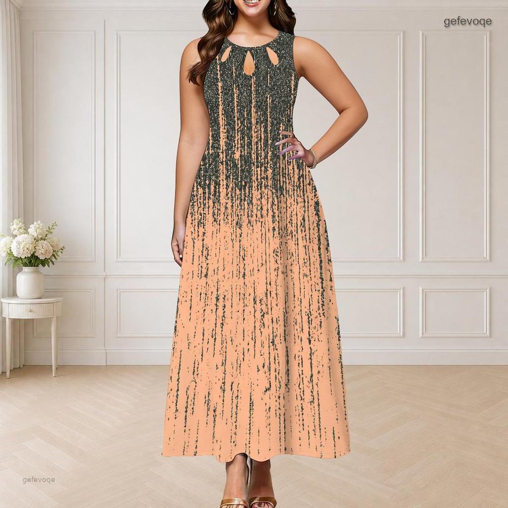Women Plus Size Round Neck Triple Keyhole Cutout Sleeveless Printed Blue Pink Maxi Dress