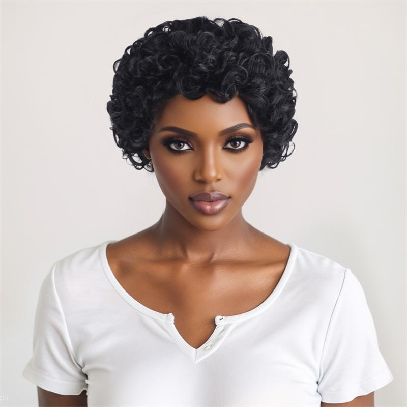 Premium Synthetic Wigs for Women Short Curly Hair Afro Wig with Bangs Natural Black Curly Wig African Hair Styles Casual Wigs