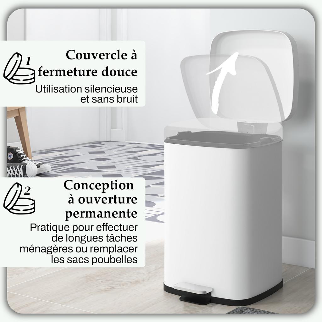 Kitchen Trash Can 20L With Soft Close Lid And Pedal Removable Inner Bucket 28Cm X 35Cm X 45H Cm White
