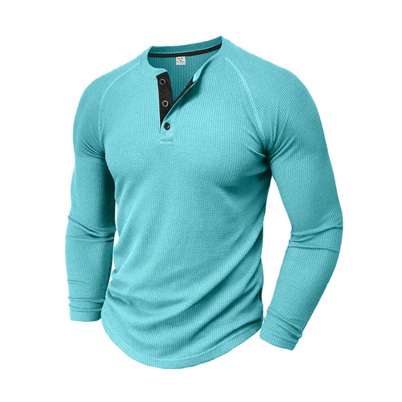 Męskie koszulki polo henley z dzianiny waflowej, z długim rękawem, gładkie, codzienne, sportowe, topy