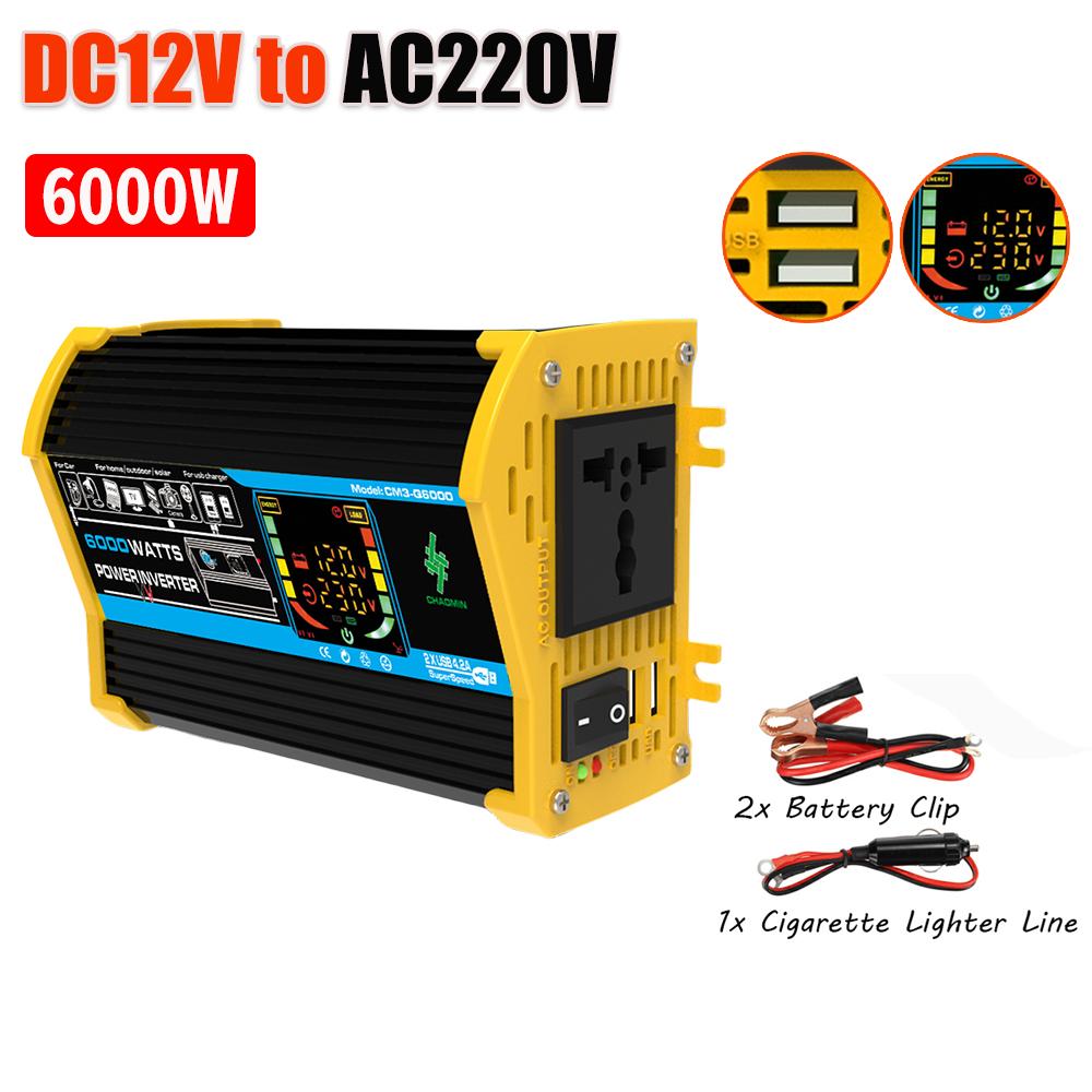 6000W Car Inverter DC 12V To AC 110V 220V Dual USB Intelligent Power Inverter LCD Display Car Voltage Transformer for iPad Phone