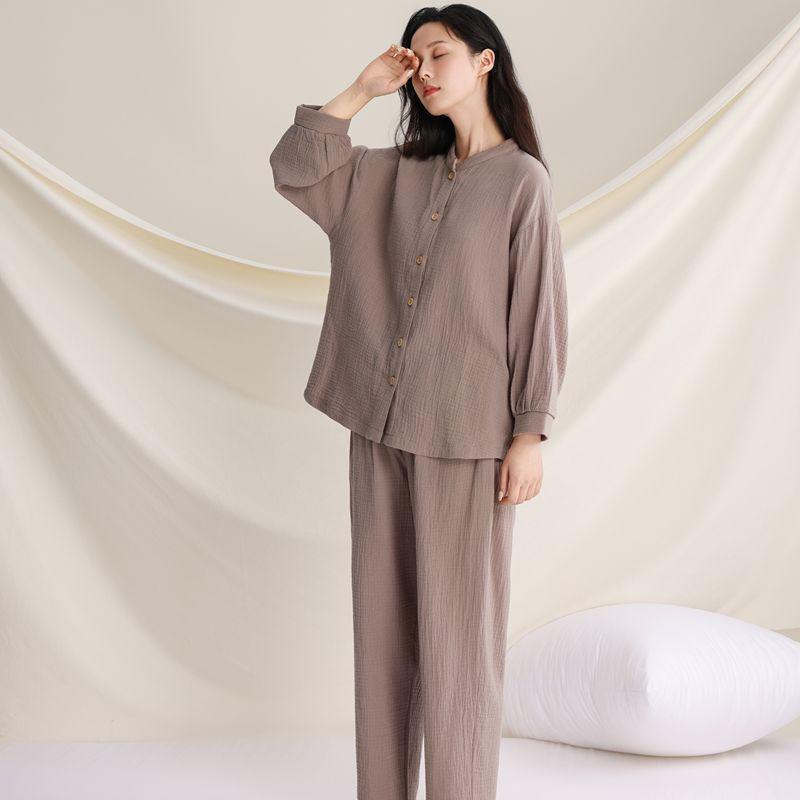Womens Lightweight Cotton Pajama Set V-Neck Long Sleeve Loose Lounge Wear