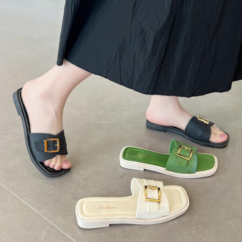 Women's Summer Fairy-Style Square Buckle Slippers - Soft Sole, Versatile Outdoor Beach Sandals