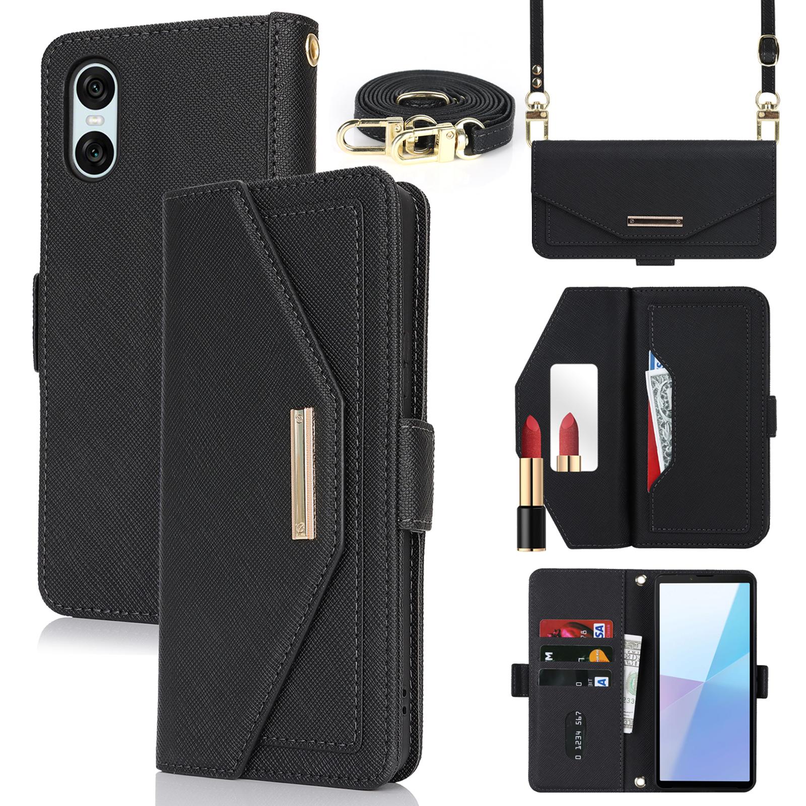 

Чехол-подставка для Sony Xperia 10 VI, кошелек из ПУ кожи с текстурой крест-накрест, чехол для телефона с плечевым ремнем/зеркальцем для макияжа Black