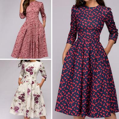 Wome Fashion Floral Print Sleeve Round Neck A-line Slim Ruched Party