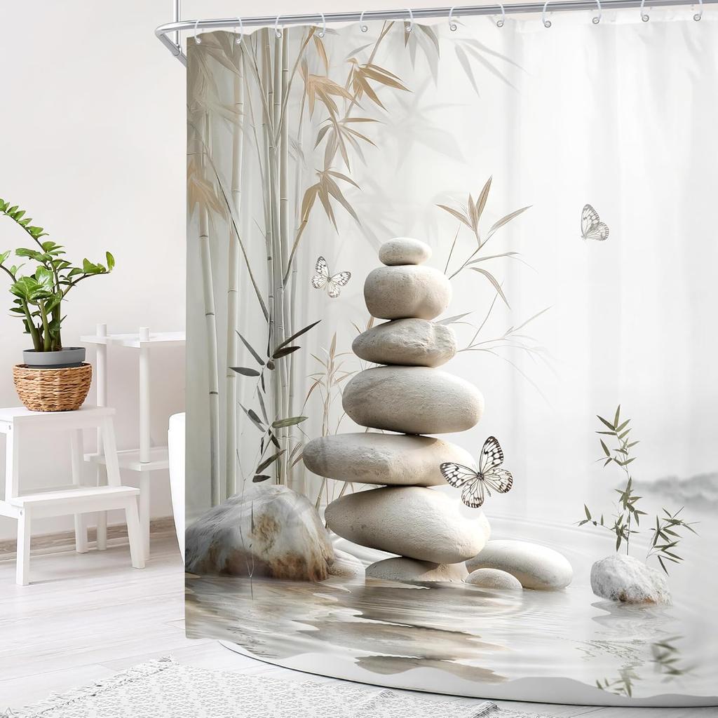 Zen Bamboo Shower Curtain Gray Butterfly Stone Pastel Meditation Relaxing Calming Botanical Plant Green Leaves Girly Bathroom