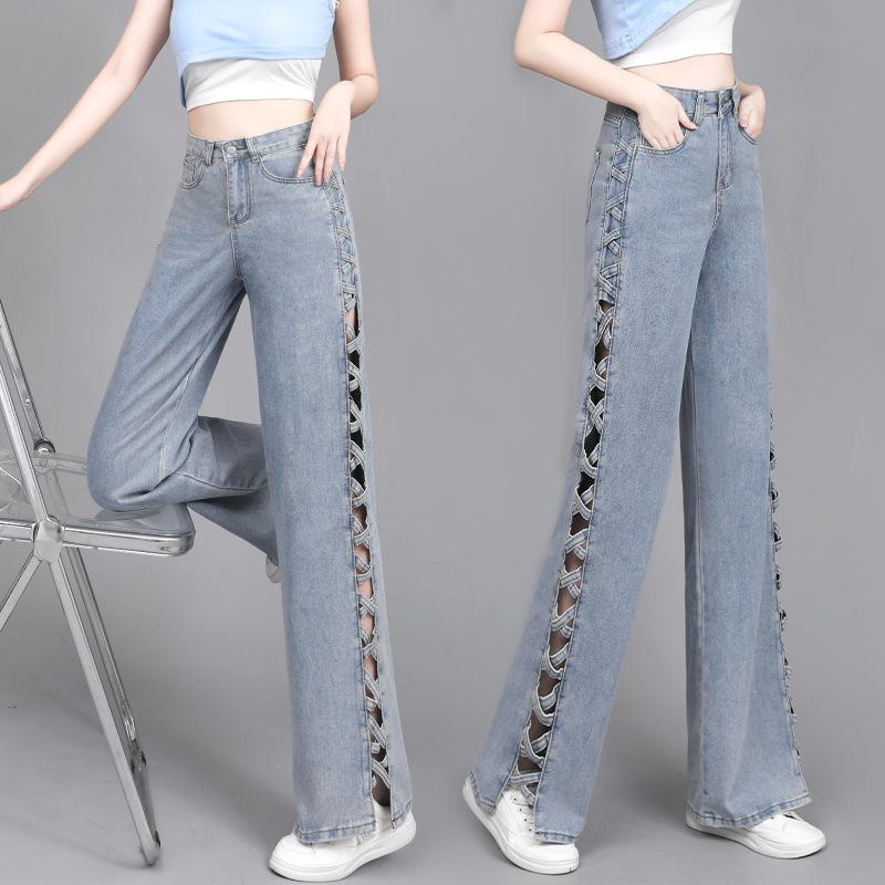 Women's Light Blue Summer Jeans - Stylish Design, Side Hollow, Straight Wide Leg