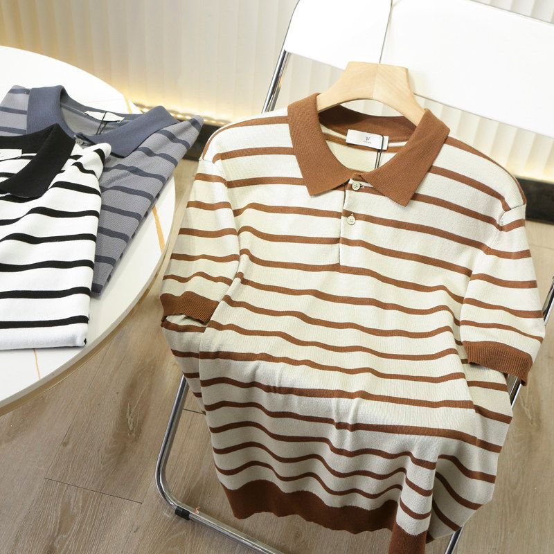 Cool Feeling Silk Light 389 + Foreign Trade Tail Goods Men's Summer Retro Lapel Striped Knitted Short Sleeve Polo Shirt