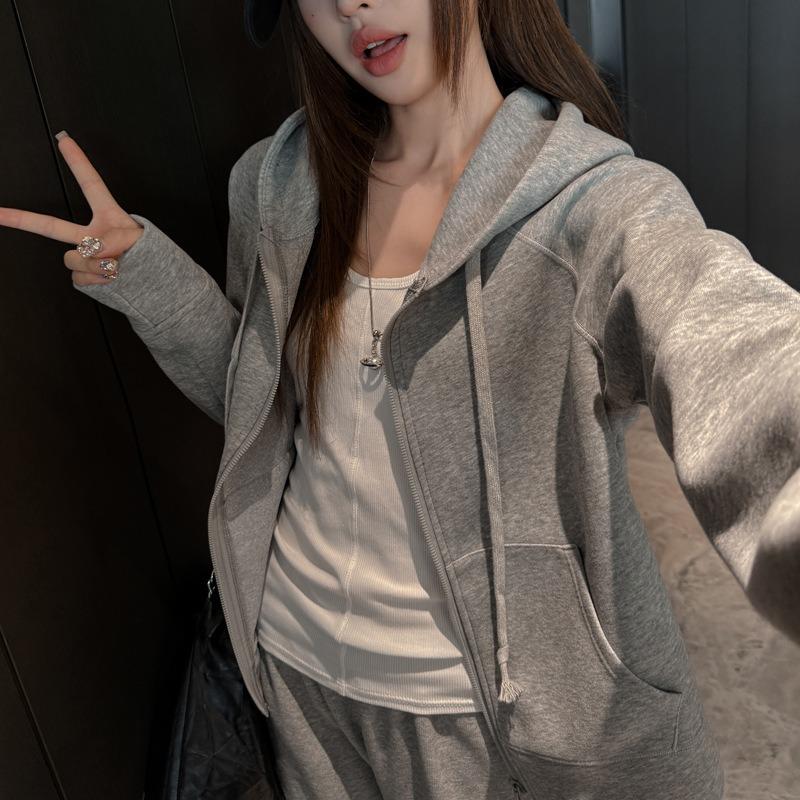 Classic autumn and winter solid color hooded sweater long-sleeved zipper thickened jacket women's sports loose casual versatile top