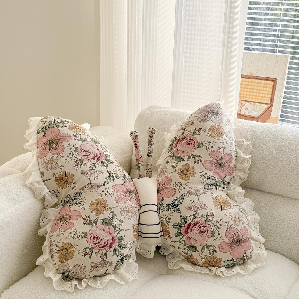 Cuscino Decorativo in Cotone e Lino con Ricamo a Farfalla e Motivo Floreale per Arredamento Soggiorno