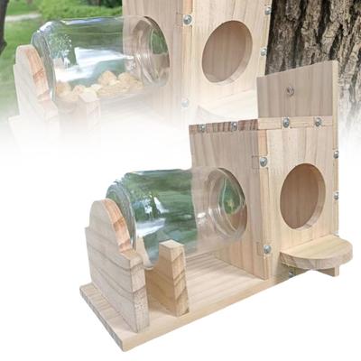 Comedero de madera para ardillas con capacidad de 500 ml, vidrio transparente, fácil recarga, limpio, resistente a la intemperie, dispositivo de alimentación para ardillas de jardín al aire libre