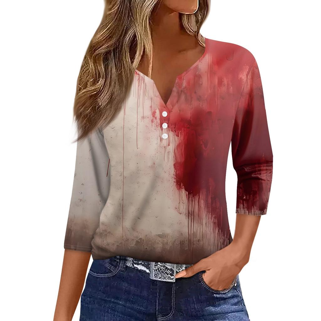 Damski T-shirt z nadrukiem Halloween, zapinany na guziki, rękaw 3/4, codzienny, weekendowy, modny, podstawowy, dekolt w serek, regularny top