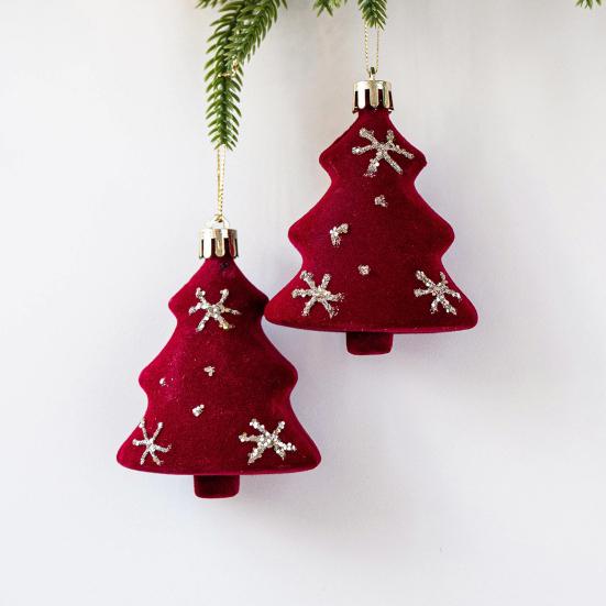 2 Pcs Velvet Christmas Ornaments Shatterproof Glitter Sequins Flocked Bell/Candy Cane/Ice Isicle Hanging Decoration for Xmas Tree Home Party Decor