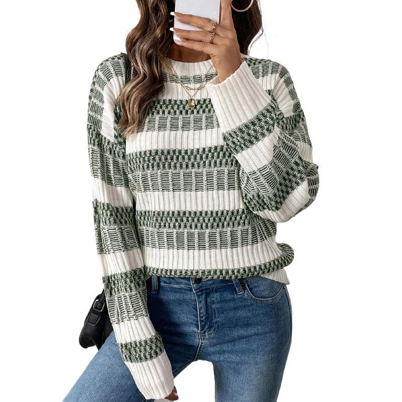 Women's Crew Neck Sweater, Striped for Fall and Winter
