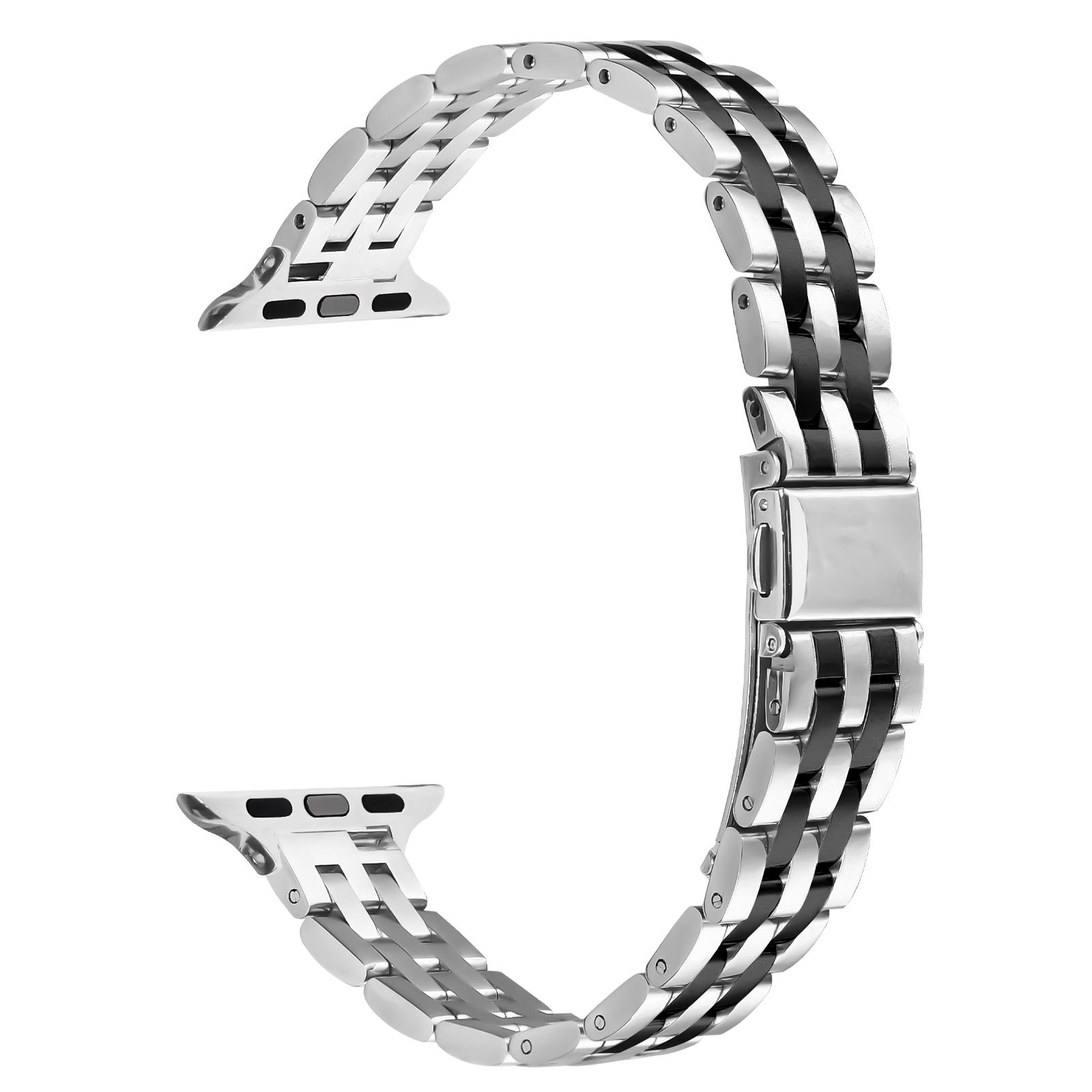 

Watch Band For Apple Watch Series 10 Ultra 9 8 7 SE 6 5 4 3 2 1 46mm 49mm 45mm 44mm 42mm Slim Five-Bead Stainless Steel Strap Silver/Black