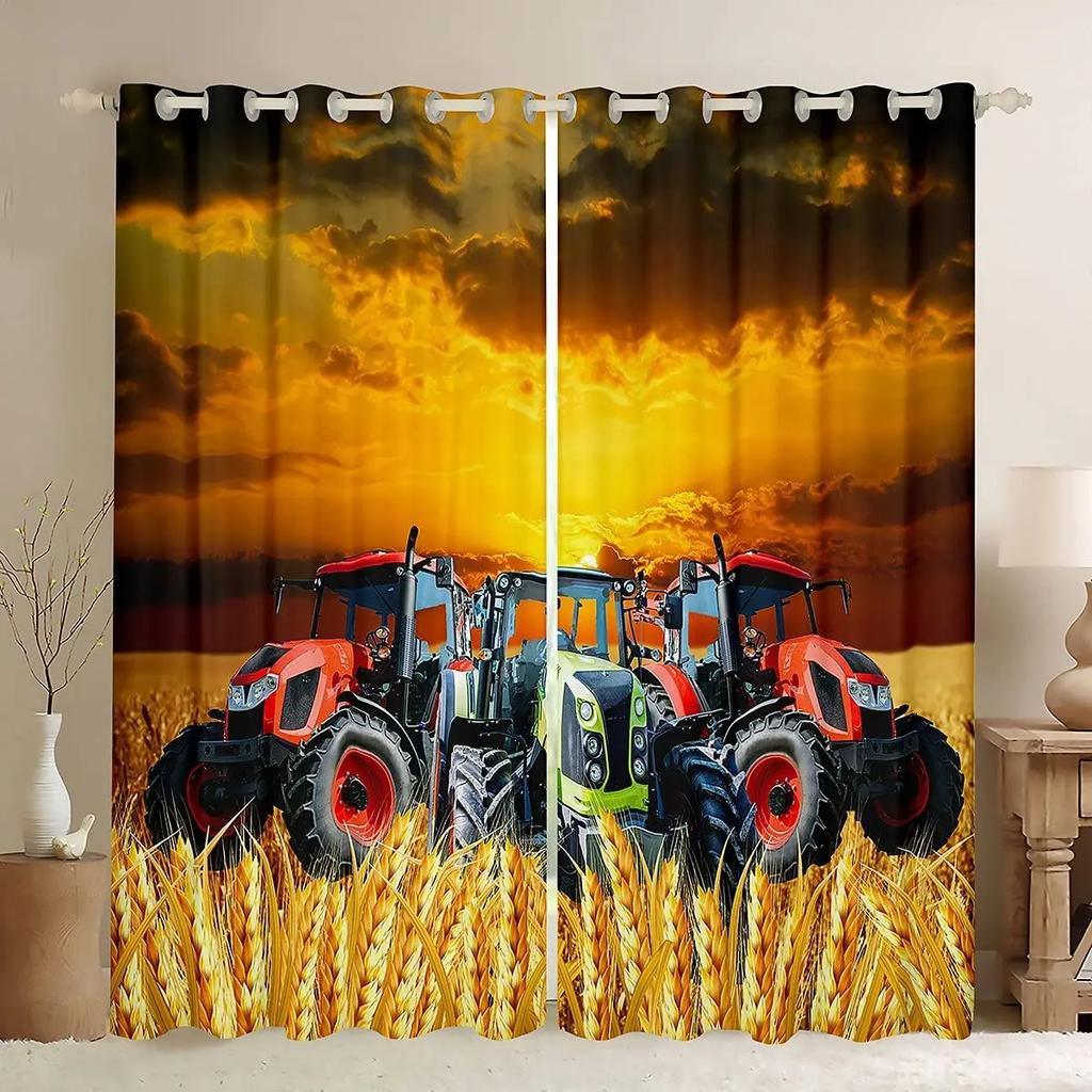 Barn Tecknad Lastbil Kran Grävmaskin Pojkars Favorit Byggnadsgardin Tunga Maskiner 3D-Tryckta Fönstergardiner för Sovrum