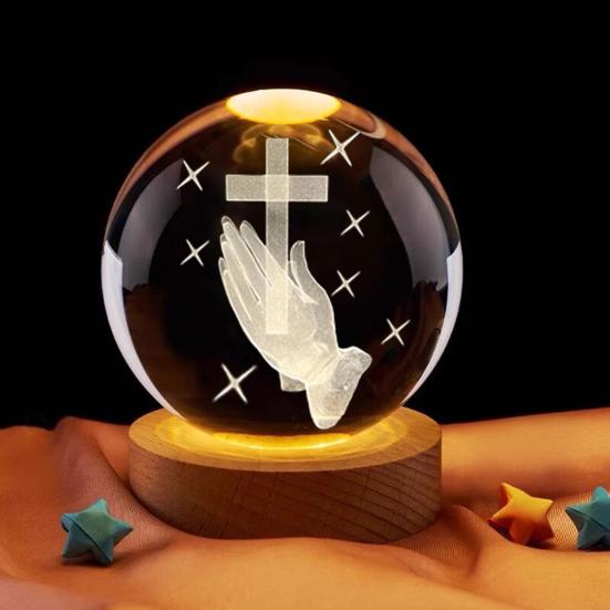 3D Hands Prayer Faux Crystal Ball with Wooden Base Clear Engraved Prayer Hand Ball Night Light Religious Christian Gifts for Women Men