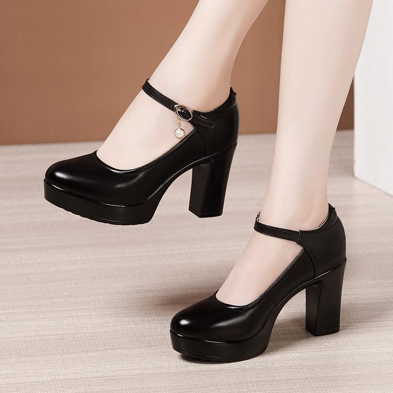Fashion Size 32-43 Genuine Leather Thick Bottom Platform Pumps Women Wedding Shoes White 2024 Block High Heels Shoes for Office Model