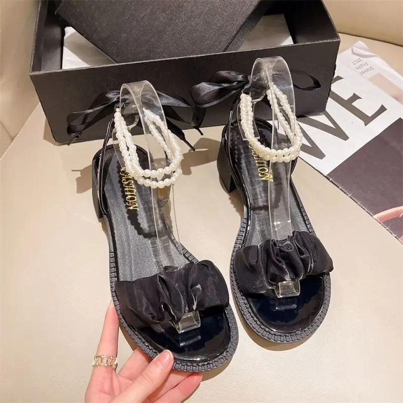 Fashion White Summer 2024 High Heels Thick Heel One Word Women's Shoes Sandals For Woman Pearl Bow Footwear With Youthful Emo Offer F H