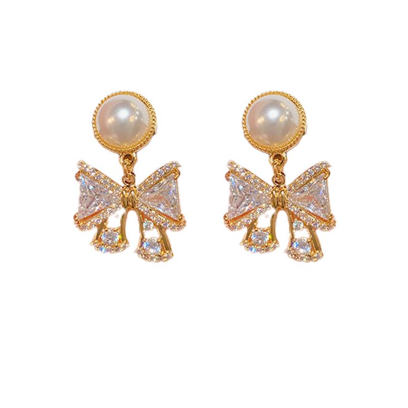 Chic Pearl Zircon Bow Earrings with S925 Silver Needle - Elegant Style
