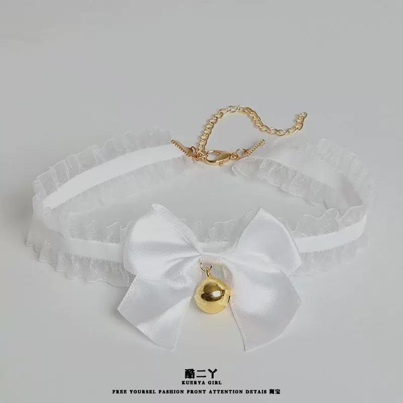 Lace Bell Choker Neck Collar with Wristband, Cute Cat Ear Maid Style Clavicle Chain Fashion Accessories