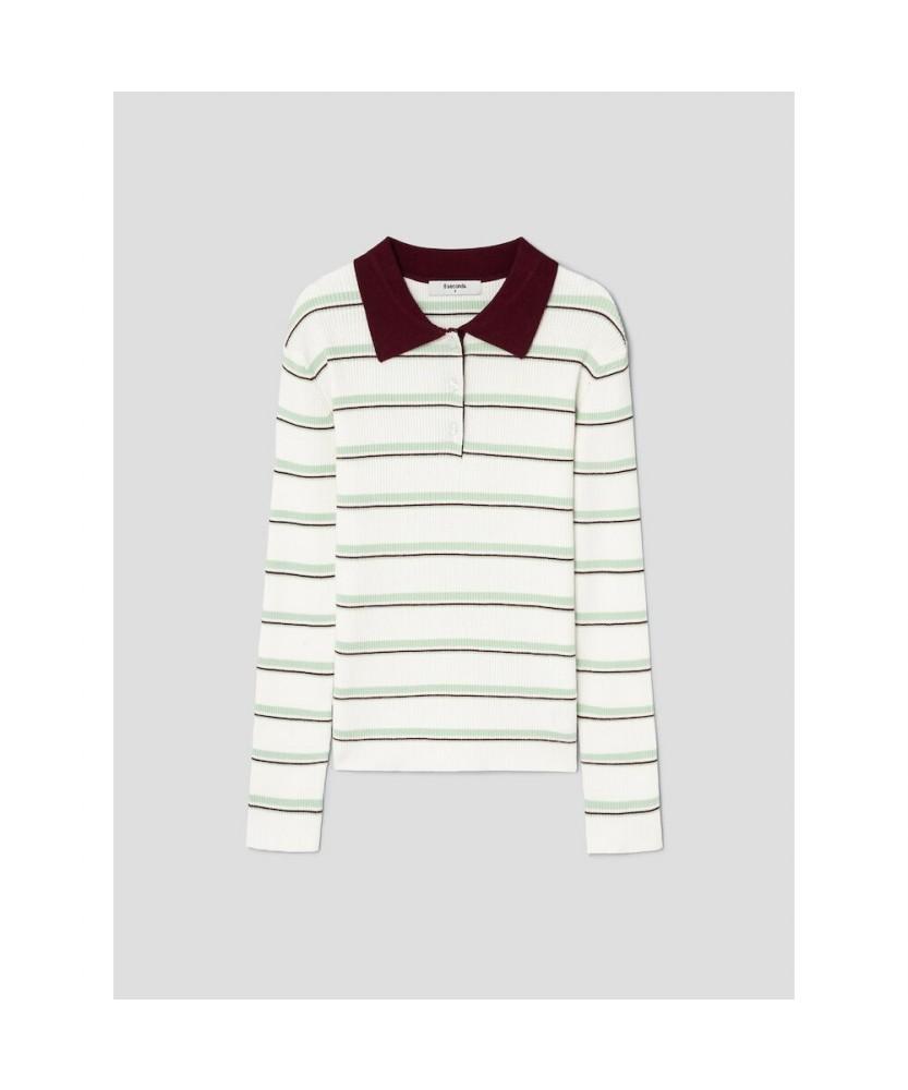 8seconds Collared Neck Striped Pullover Ivory