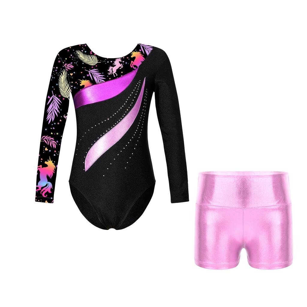 Girls Dance Set Long Sleeve Leotard Shiny Rhinestones Printed Patchwork Design Metallic High Waist Shorts